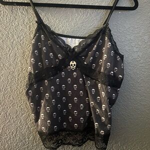 Black Skull Print Camisole with Lace Trim